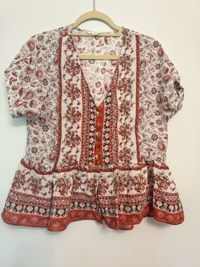 Blu Pepper Red and White Boho Peplum Tunic | Blu Pepper Size Large